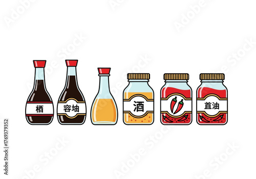 Illustration of various Asian cooking sauces and condiments in bottles and jars.