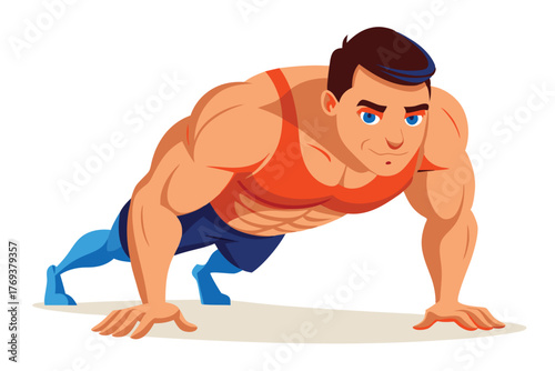 bodybuilder performing a push up on white-background