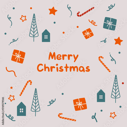 Merry Christmas greeting card with gifts, stars and candy canes