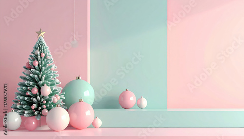 Pastel Christmas scene with decorated tree and ornaments in pink and mint green creates festive atmosphere