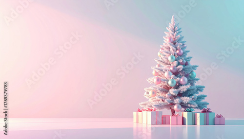 Pastel Christmas tree adorned with ornaments stands beside colorful gift boxes, creating festive and serene atmosphere