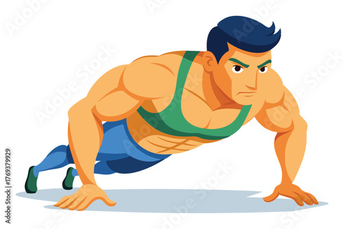 bodybuilder performing a push up on white-background