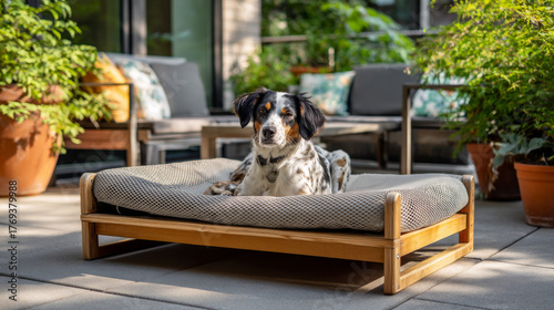 Stylish outdoor dog bed with wooden frame and gray fabric cushions, nestled on a modern terrace surrounded by plants and furniture, creates an elegant atmosphere.
