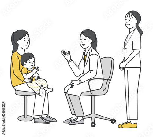 患者を診察する医者と看護師のシンプルイラスト素材