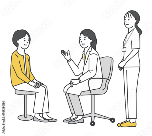 患者を診察する医者と看護師のシンプルイラスト素材