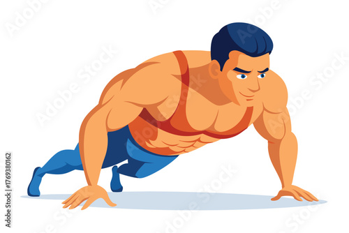 bodybuilder performing a push up on white-background