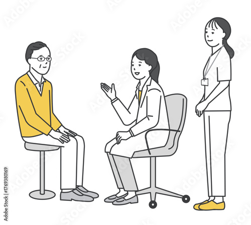 患者を診察する医者と看護師のシンプルイラスト素材