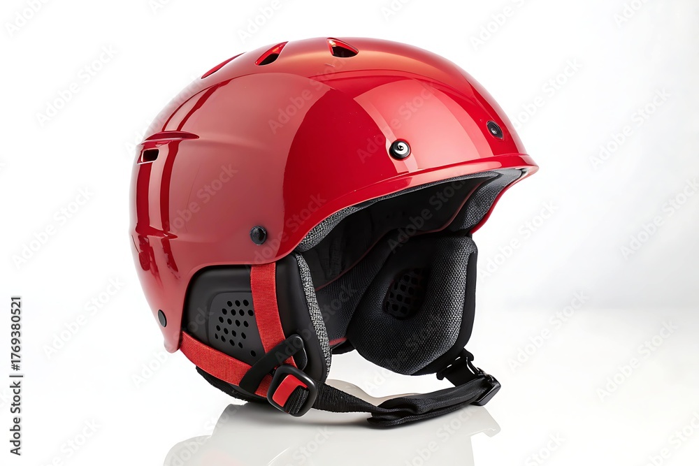 Fototapeta premium Red Ski Helmet with Glossy Surface and Chin Strap