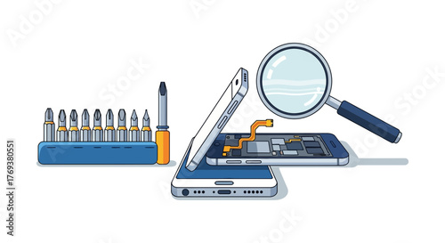 A smartphone is disassembled and examined with a magnifying glass and specialized tools.