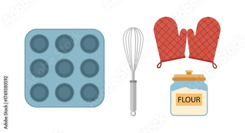 Baking tools are arranged on a white background including a muffin tin, whisk, oven mitts, and flour.