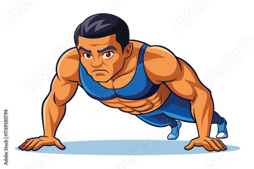 bodybuilder performing a push up on white-background