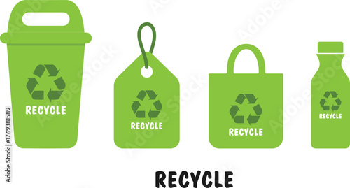 Pack of Recycle Items - Dustbin, trash bag, label - Recycle Icons - Save Earth - Clean Environment - Green  -1.eps
