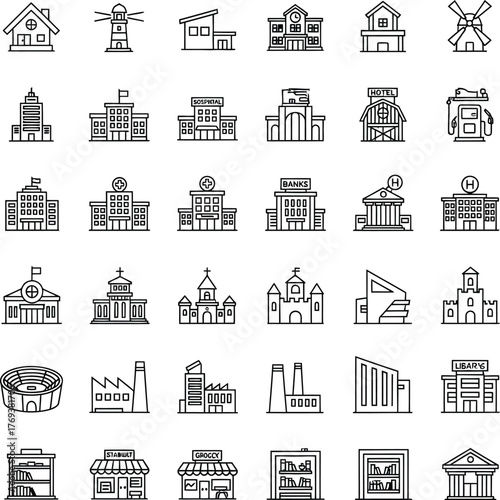 Explore diverse cityscapes with building outlines portraying architecture landmarks and urban planning visions