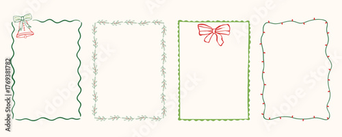 Set of Christmas hand drawn frames. Doodle border. Sketch for card, poster, menu, invitation. Cute whimsical vintage decoration. Vector illustration.