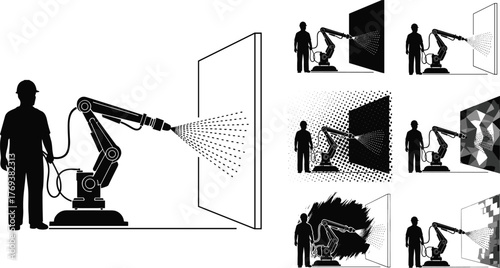 Silhouette vector illustration of construction workers operating conveyor belts transporting debris, rocks, and materials with safety, teamwork, demolition, recycling, and industry