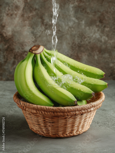 Fresh Green Bananas in Basket with Water Splashing from Above High-Quality Image