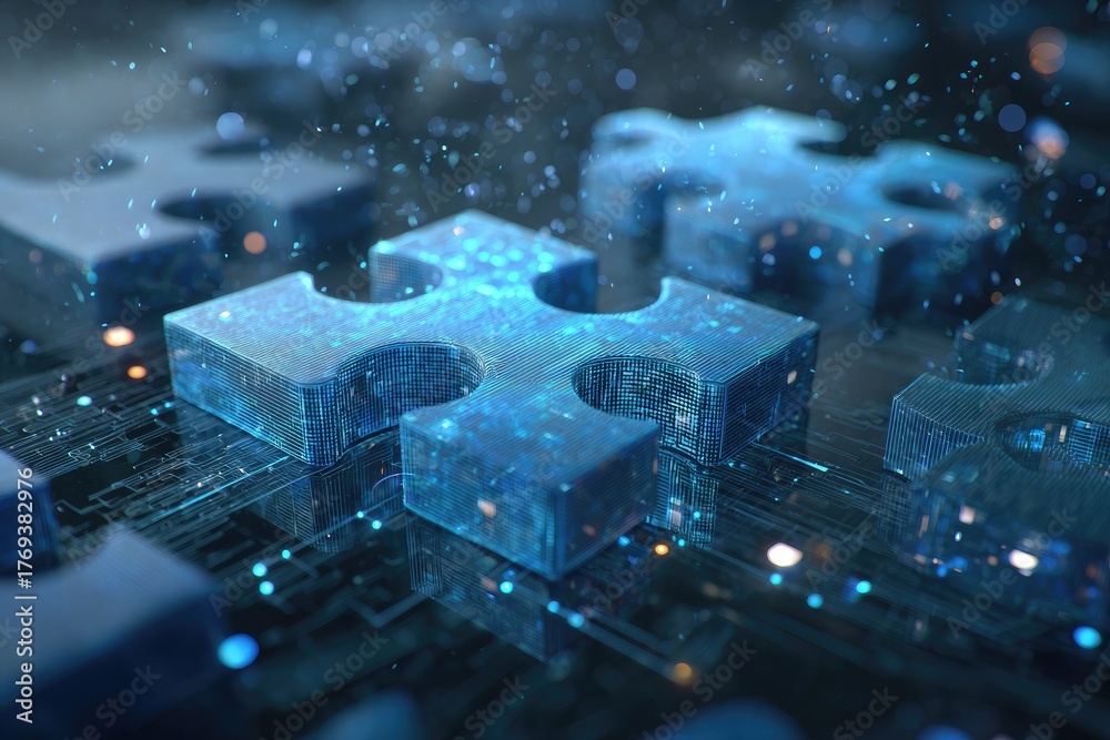 Obraz premium Abstract image showing several three-dimensional puzzle pieces with glowing blue light effects