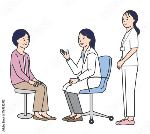 患者を診察する医者と看護師のシンプルイラスト素材