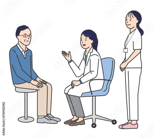 患者を診察する医者と看護師のシンプルイラスト素材