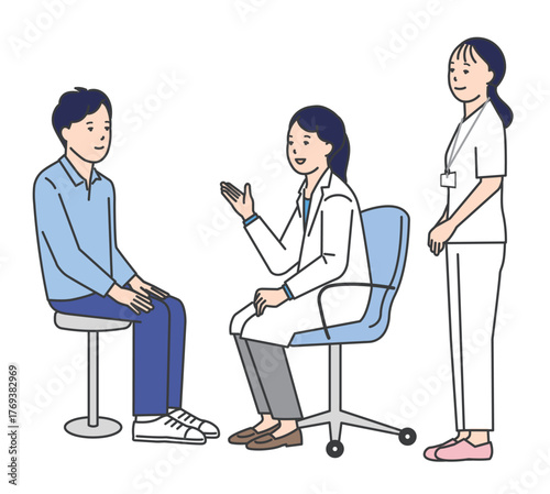 患者を診察する医者と看護師のシンプルイラスト素材