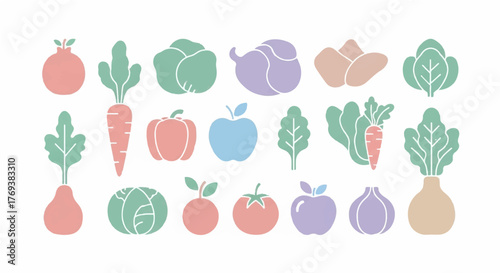 Assorted Colorful Vegetables and Fruits Collection Icons for Healthy Eating and Nutrition