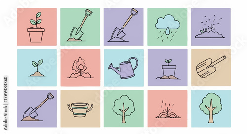A vibrant collection of gardening and plant growth icons, illustrating essential tools, cultivation steps, and blossoming nature for horticulture projects and green thumb enthusiasts