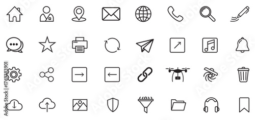 Contact icon set line style vector for website and business. Communication icon pack with home phone email location address internet. Contact information web icons set for website and business cards