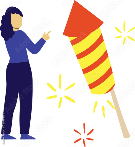 The girl is pointing at the boom rocket