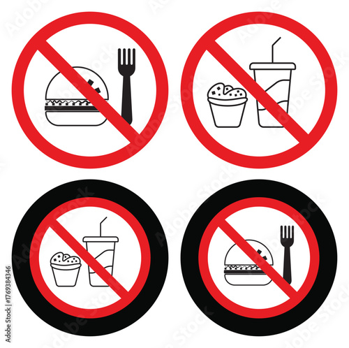 Do not eat or drink symbol design, No junk food icon set, No food and drink warning, Fast food ban alert symbol, Healthy space no eating badge, Food and drink not permitted sign, vector icons