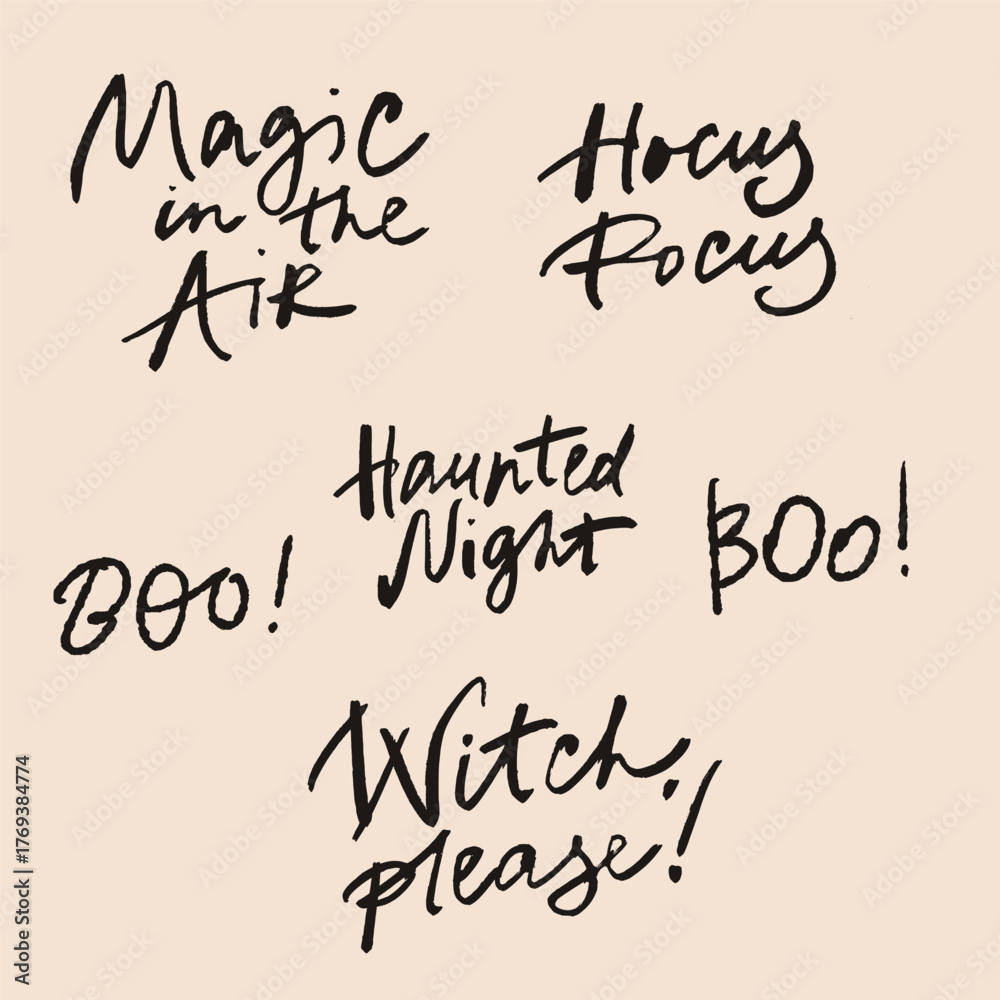 Obraz premium Vector Halloween lettering. Hand-drawn happy holiday set isolated on beige background. Illustration for design, print or background.