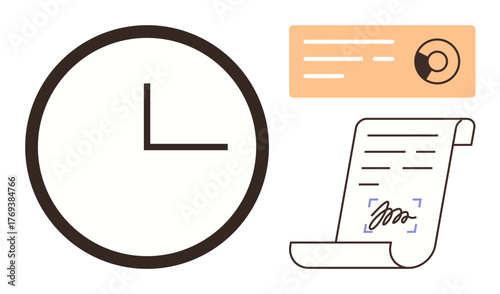 Large clock, signed scroll document, and data card emphasizing time management, legal contracts, deadlines, organization, workflow planning, productivity and efficiency. Simple flat metaphor