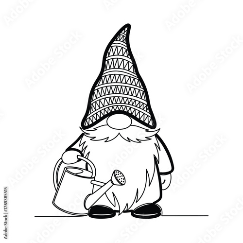 Whimsical gnome with pointed hat and watering can