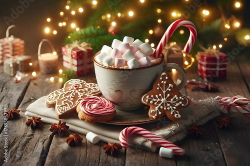 hot chocolate with marshmallows and christmas gingerbread cookies
