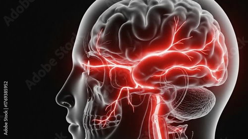 Illustration of a human head with visible brain and red light near the eye area on black background