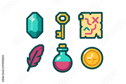 Fantasy game assets set with glowing crystal, golden key, treasure map, magic potion, feather, and coin