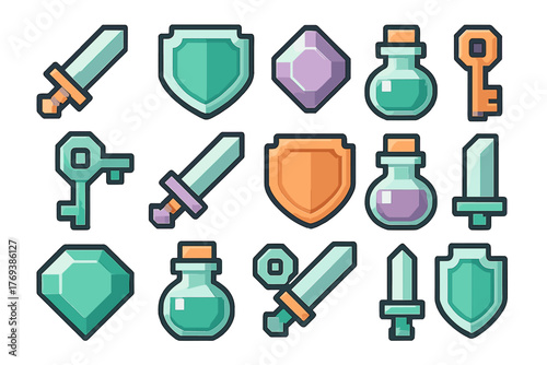 Colorful fantasy game icons set featuring swords shields keys potions and magic gems