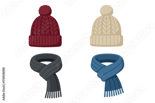 Warm winter knitted accessories collection featuring beanies with pom-poms and scarves