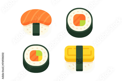 Four popular Japanese sushi pieces including salmon nigiri and maki rolls in a modern flat design