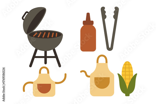 Barbecue and grilling essentials set with charcoal grill, tongs, apron, and corn