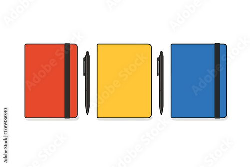 Collection of three colorful closed notebooks with elastic bands and black pens isolated on white