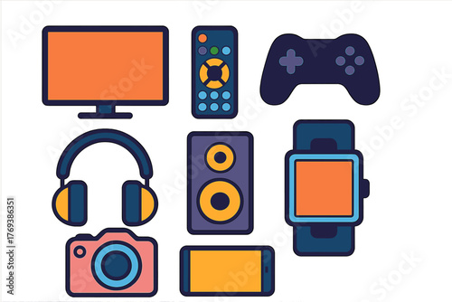 Set of essential modern consumer electronic devices and gadgets for entertainment and communication