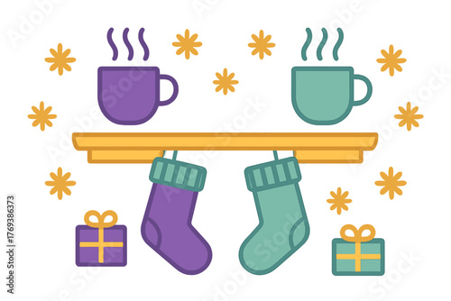 Cozy winter scene with steaming mugs, hanging Christmas stockings, and wrapped presents
