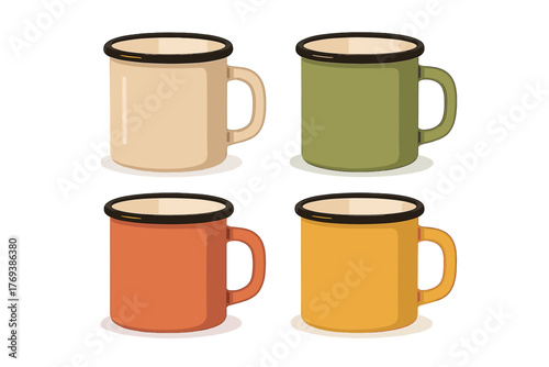 Set of four colorful retro enamel mugs for coffee tea or hot drinks while camping or hiking