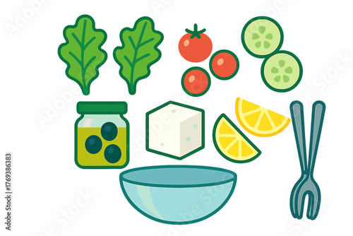 Fresh salad ingredients including lettuce, tomatoes, cucumber, olives, feta cheese, lemon, bowl, and tongs