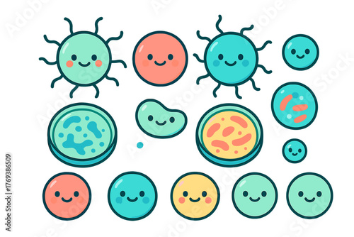 Cute smiling microscopic organisms bacteria germs viruses and scientific laboratory petri dishes set