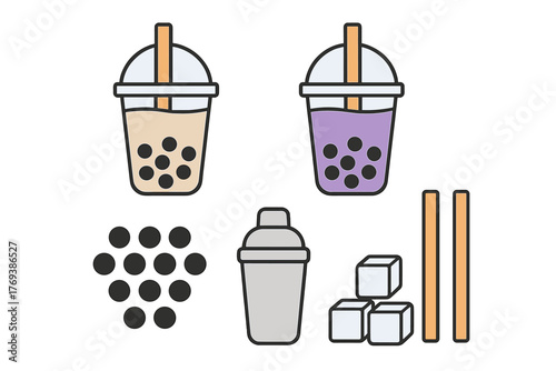 Bubble tea drinks and ingredients set with tapioca pearls, shaker, straws, and ice cubes