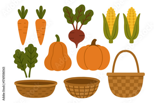 Colorful autumn harvest set featuring pumpkins, corn, carrots, beets, and wicker baskets