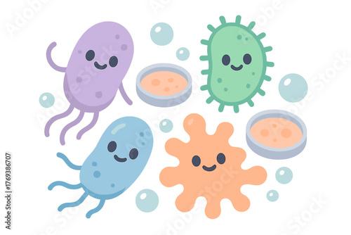 Cute cartoon microbes and bacteria characters with petri dishes in a colorful microbiology lab