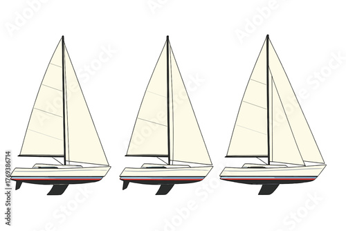 Identical sailing boats with large triangular sails and sleek hulls isolated on white