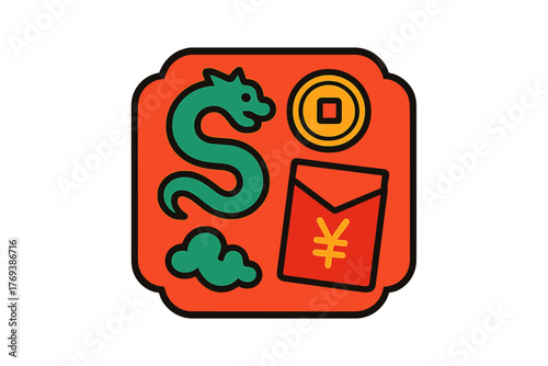 Green dragon, lucky red envelope, and traditional copper coin for Chinese New Year celebration